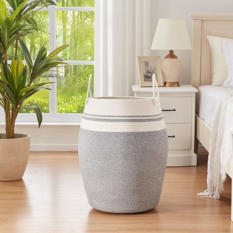 OIAHOMY Laundry Hamper Woven Cotton Rope Large Clothes Hamper 25.6" Height Modern Curve Basket with Extended Cotton Handles for Storage Clothes Toys in Bedroom, Bathroom, Foldable (White & light grey) - Image 2